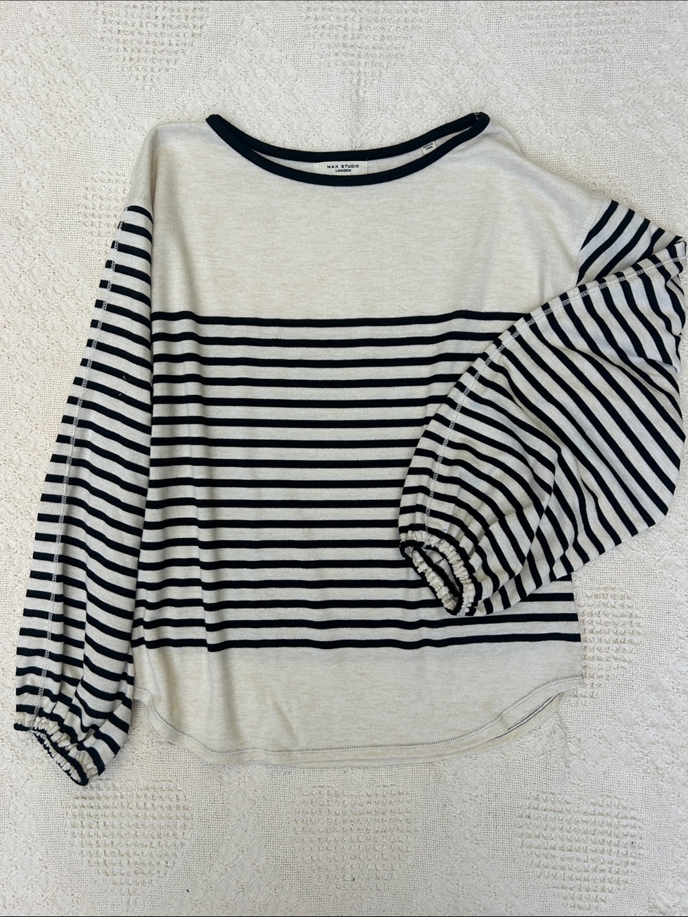 Striped Boatneck balloon sleeve top in Cream and Black
